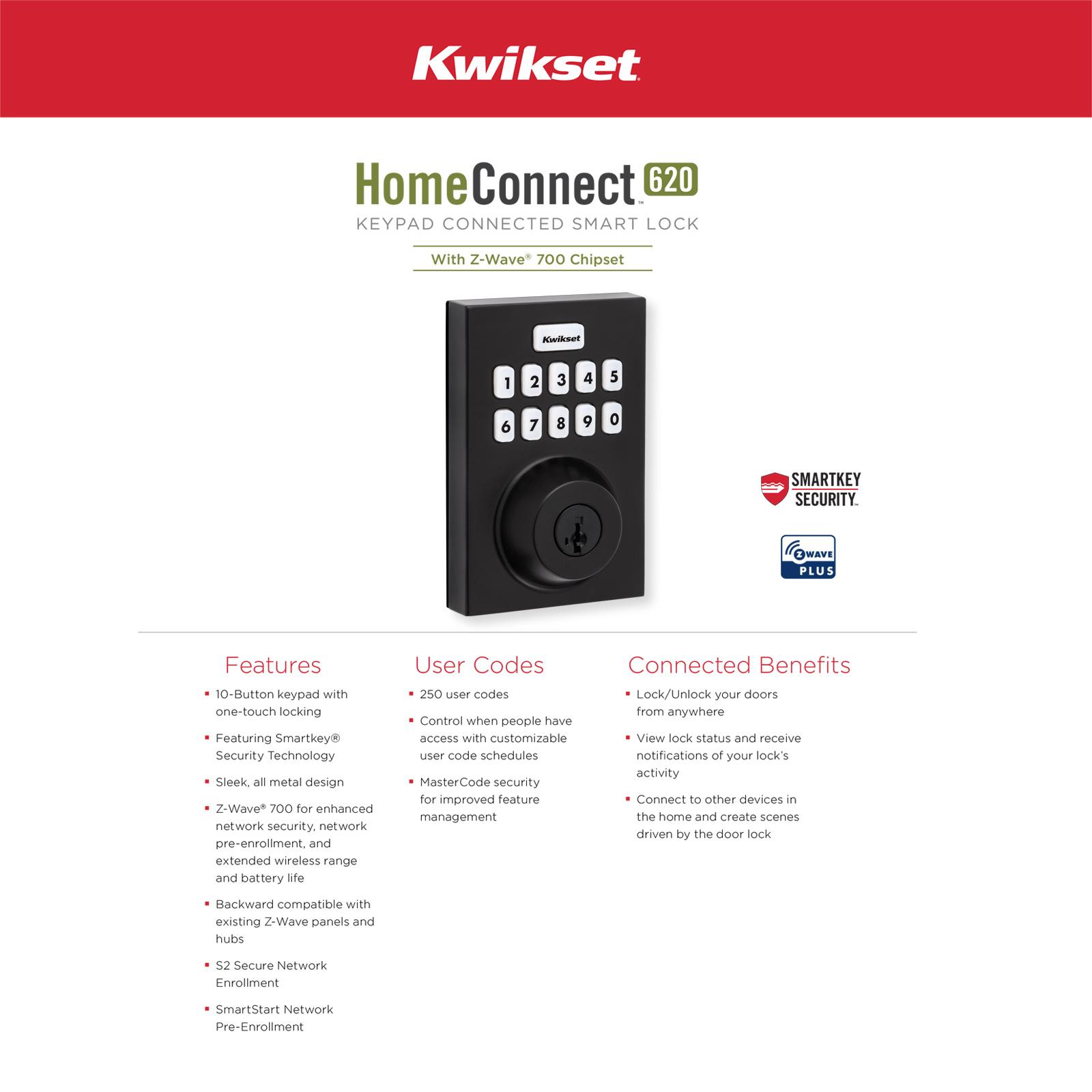 Kwikset Home Connect 620 Smart Lock, Z-Wave 700 Long Range, Contemporary with Deadbolt