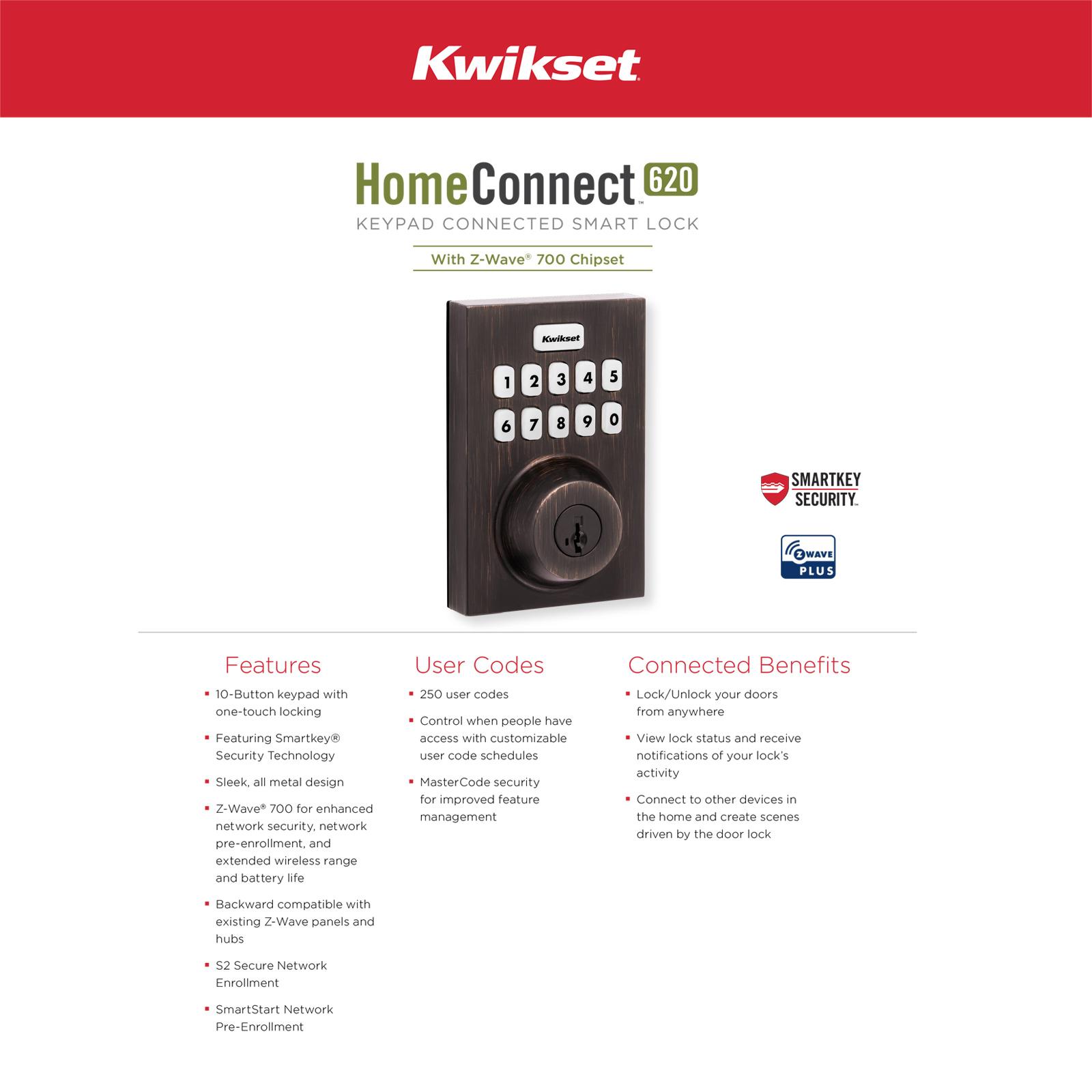 Kwikset Home Connect 620 Smart Lock, Z-Wave 700 Long Range, Contemporary with Deadbolt