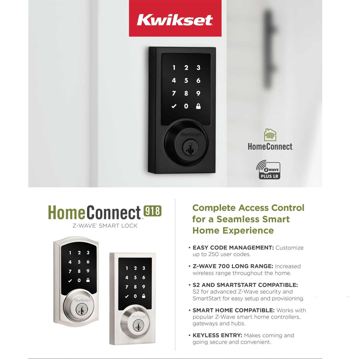 Kwikset Home Connect 918 Touch Screen Smart Lock, Z-Wave, Traditional with Deadbolt