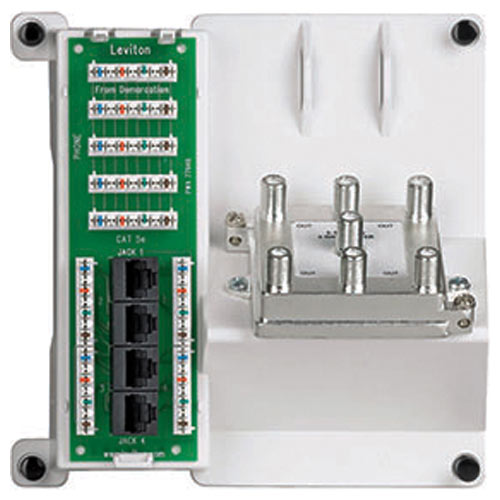 Leviton Compact 1x4 Bridged Telephone, 4 Data &amp; 6-Way TV Panel