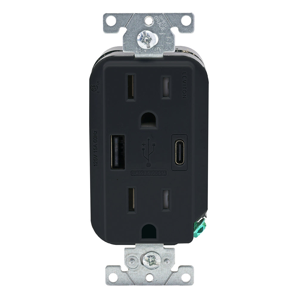 Leviton Decora 15A Tamper-Resistant Duplex Outlet with 27W USB-A & USB-C Ports