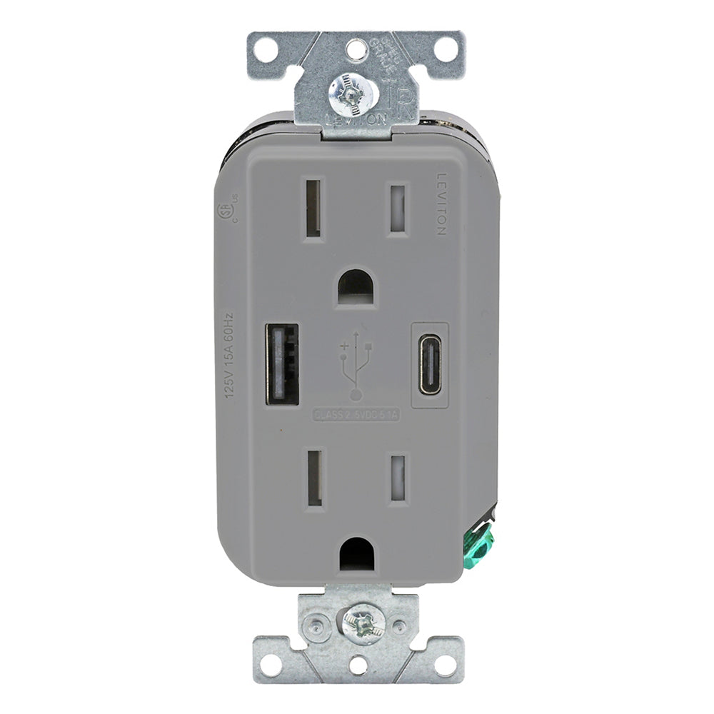 Leviton Decora 15A Tamper-Resistant Duplex Outlet with 27W USB-A & USB-C Ports