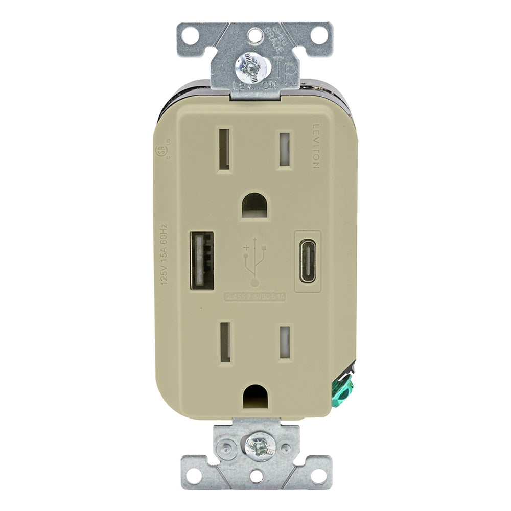 Leviton Decora 15A Tamper-Resistant Duplex Outlet with 27W USB-A & USB-C Ports