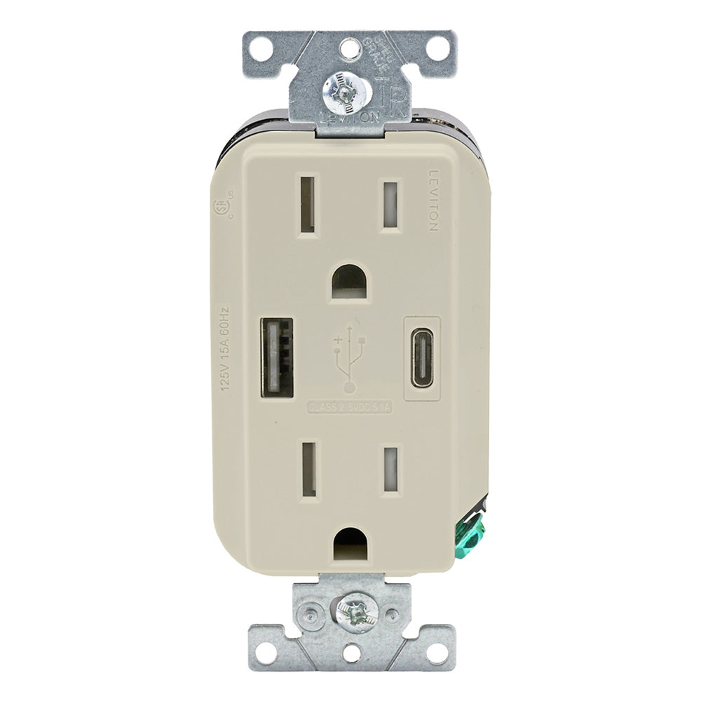 Leviton Decora 15A Tamper-Resistant Duplex Outlet with 27W USB-A & USB-C Ports