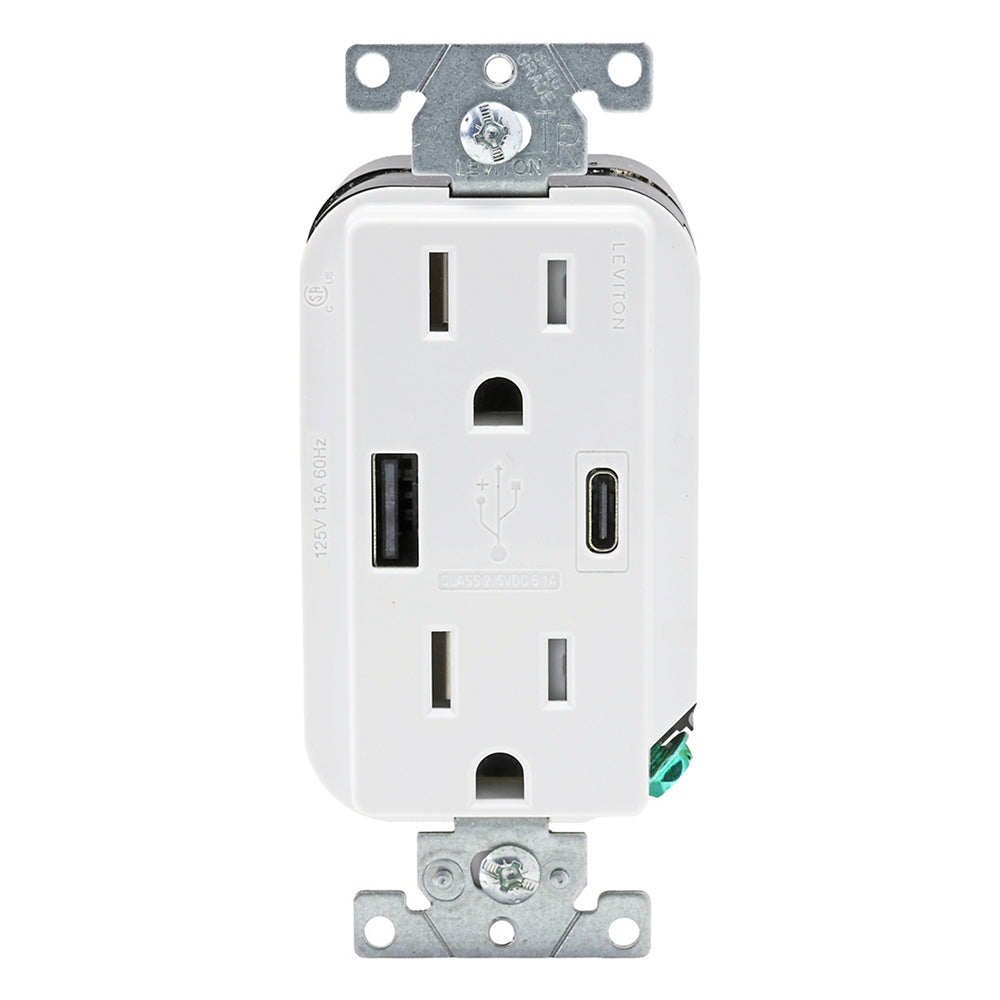 Leviton Decora 15A Tamper-Resistant Duplex Outlet with 27W USB-A & USB-C Ports