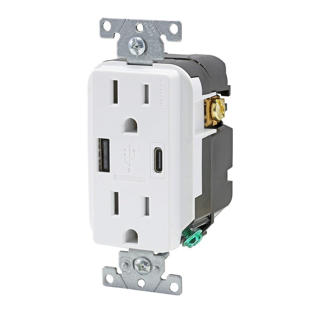 Leviton Decora 15A Tamper-Resistant Duplex Outlet with 27W USB-A & USB-C Ports