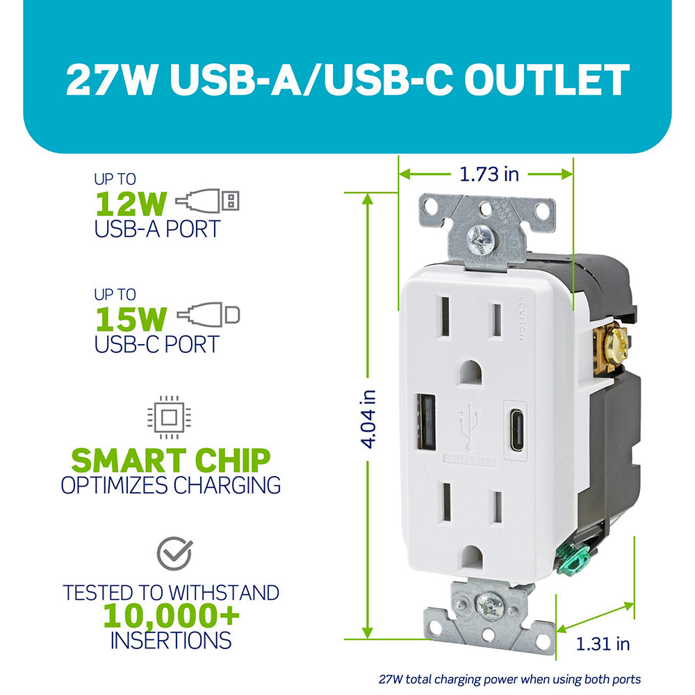 Leviton Decora 15A Tamper-Resistant Duplex Outlet with 27W USB-A & USB-C Ports