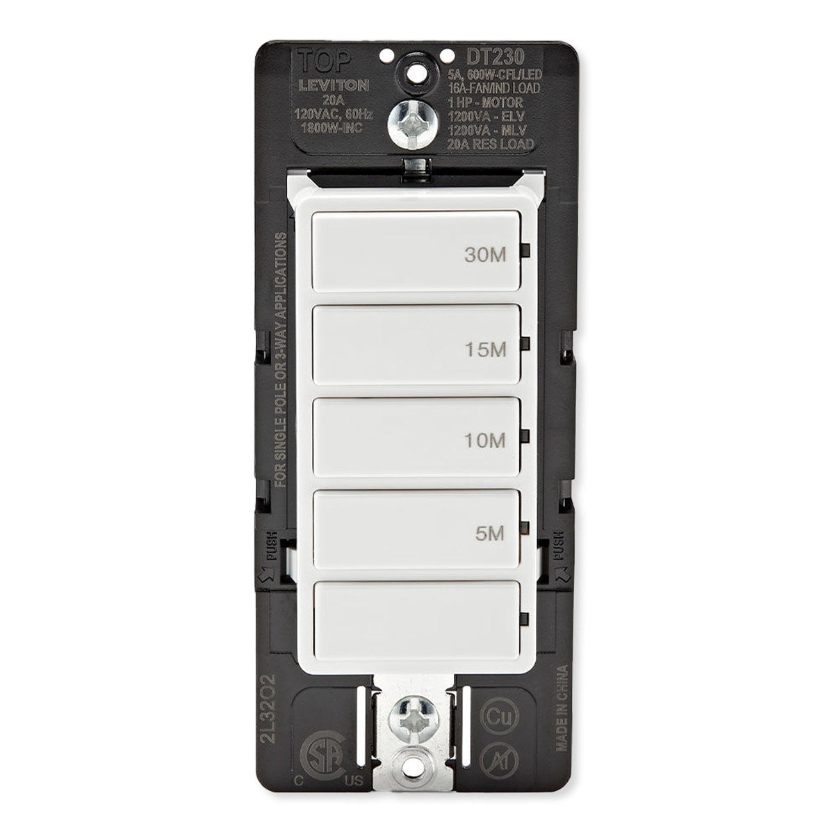 Leviton Decora In-Wall 30-Minute Countdown Timer Switch, 20A, 1 HP/16A Fan/Motor, Single Pole/Multi-Way/Multi-Timer