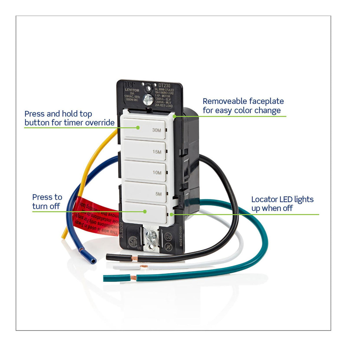 Leviton Decora In-Wall 30-Minute Countdown Timer Switch, 20A, 1 HP/16A Fan/Motor, Single Pole/Multi-Way/Multi-Timer