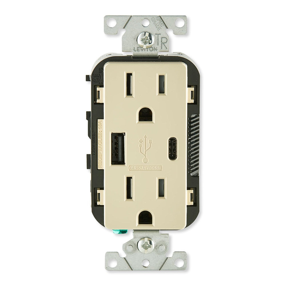 Leviton Decora USB Type-A/Type-C Wall Outlet Charger, 15A