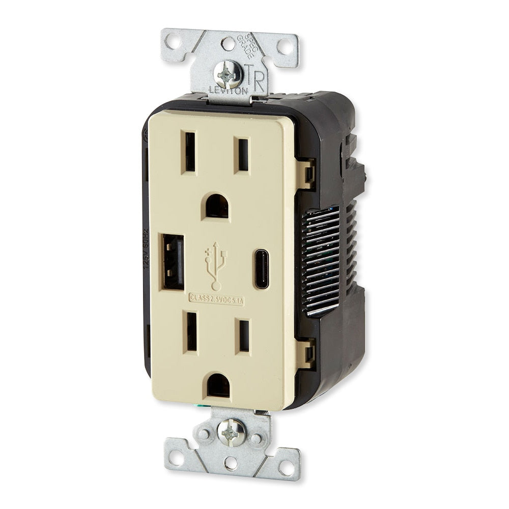 Leviton Decora USB Type-A/Type-C Wall Outlet Charger, 15A