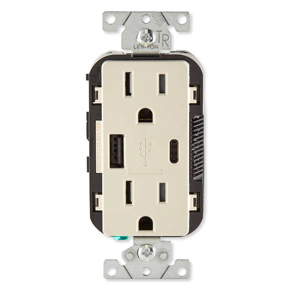 Leviton Decora USB Type-A/Type-C Wall Outlet Charger, 15A