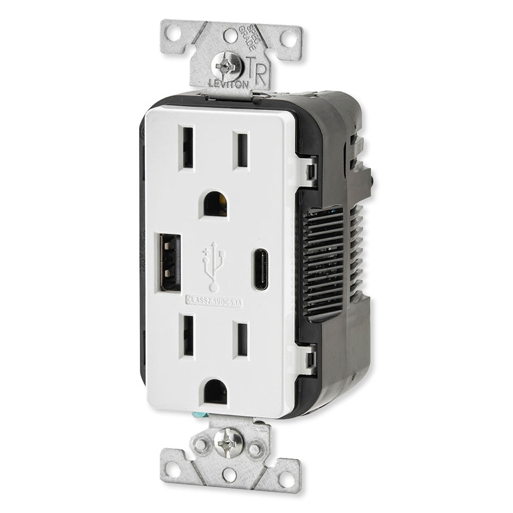 Leviton Decora USB Type-A/Type-C Wall Outlet Charger, 15A