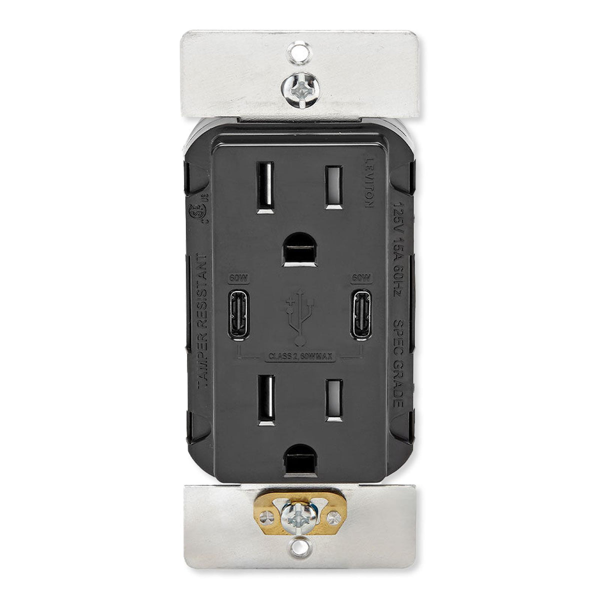 Leviton 60W USB Dual Type C/C Power Delivery Wall Charger with 15A Tamper Resistant Outlet