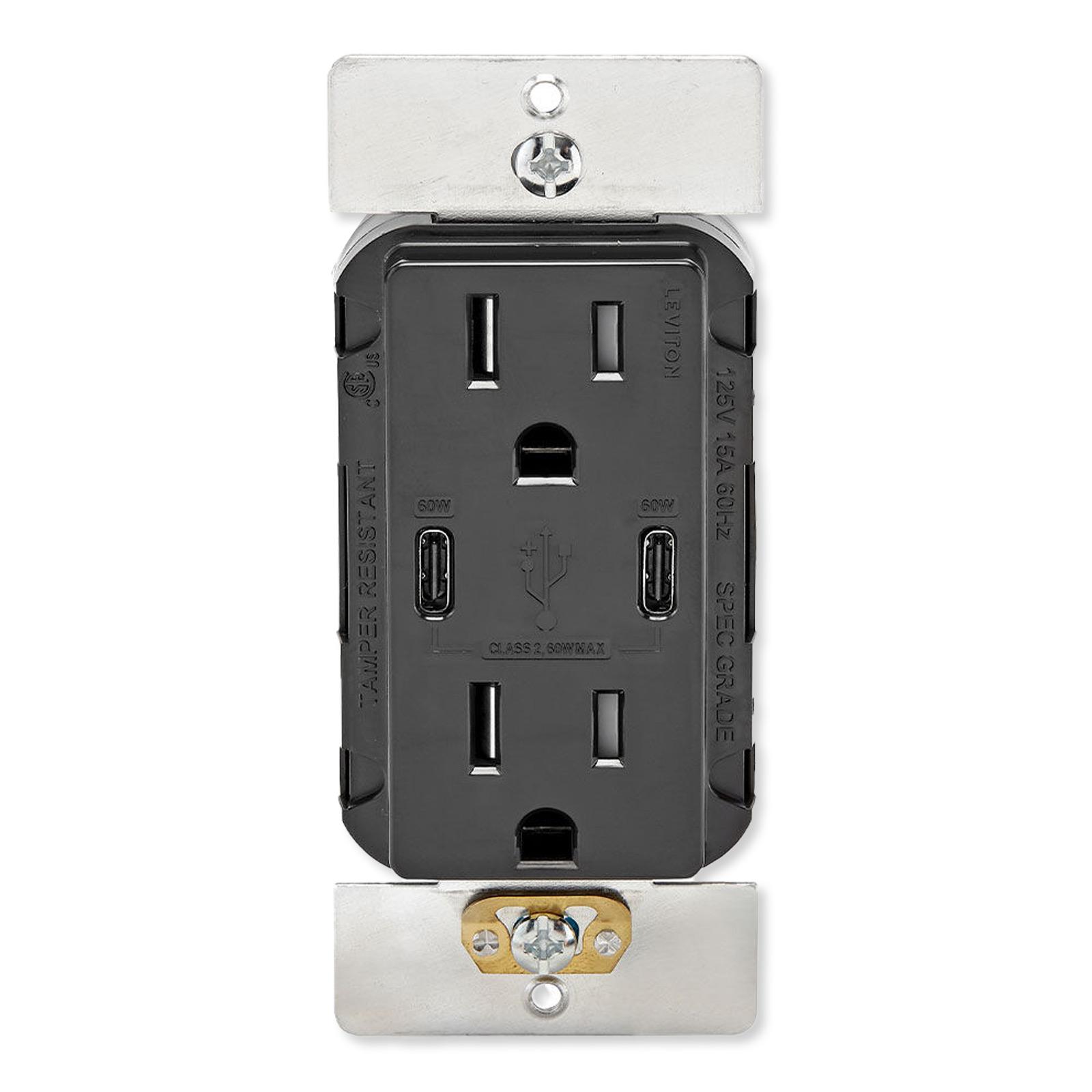 Leviton 60W USB Dual Type C/C Power Delivery Wall Charger with 15A Tamper Resistant Outlet