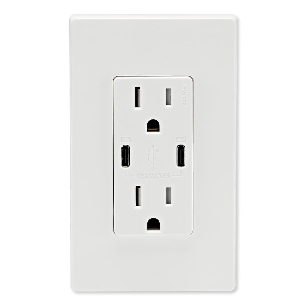 Leviton 60W USB Dual Type C/C Power Delivery Wall Charger with 15A Tamper Resistant Outlet