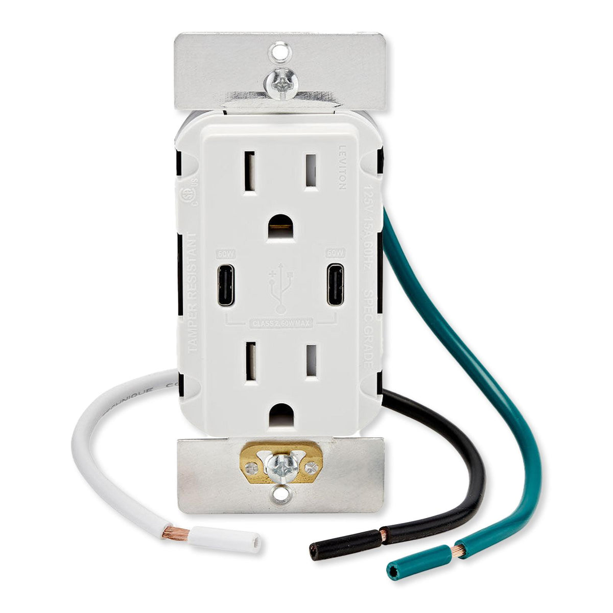 Leviton 60W USB Dual Type C/C Power Delivery Wall Charger with 15A Tamper Resistant Outlet