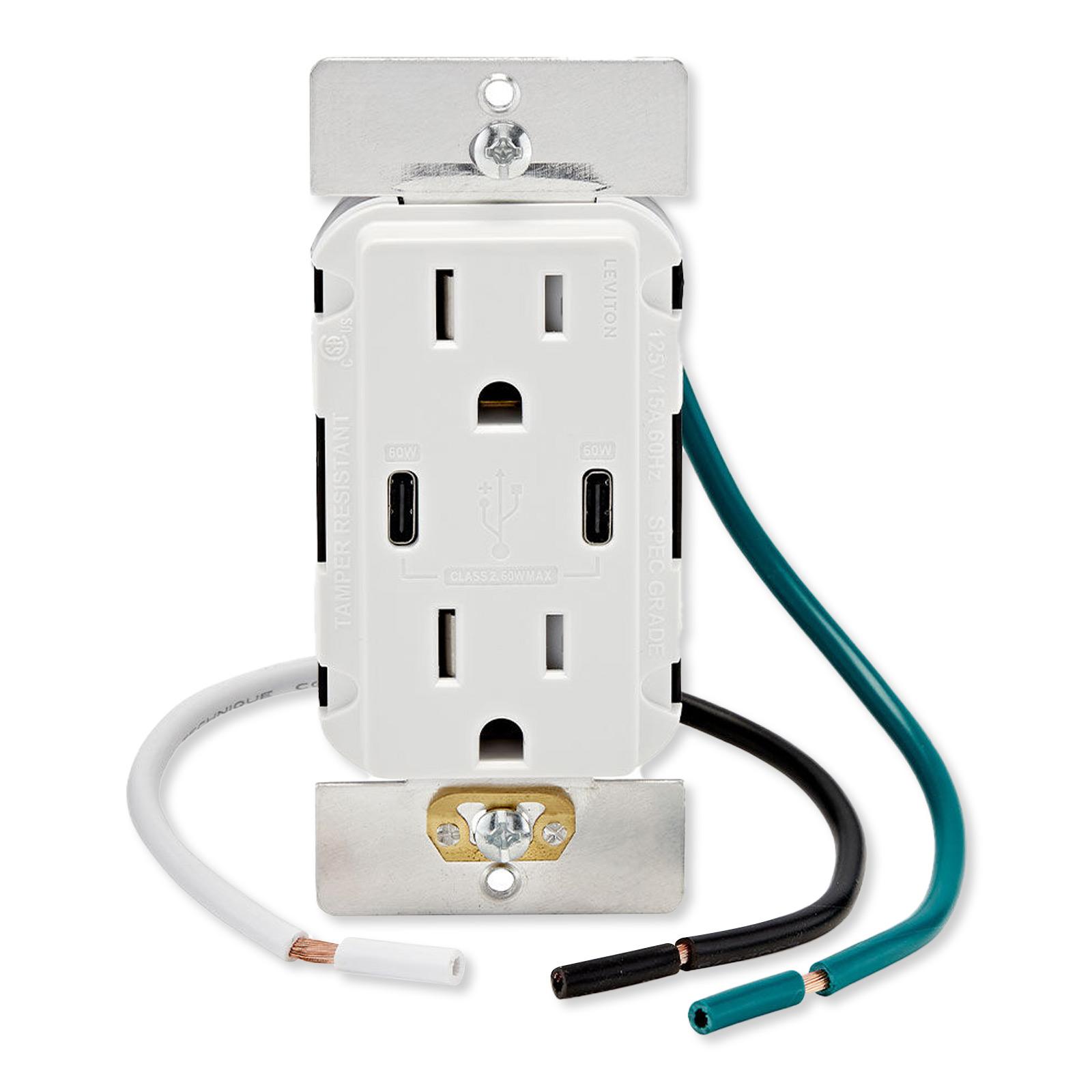 Leviton 60W USB Dual Type C/C Power Delivery Wall Charger with 15A Tamper Resistant Outlet