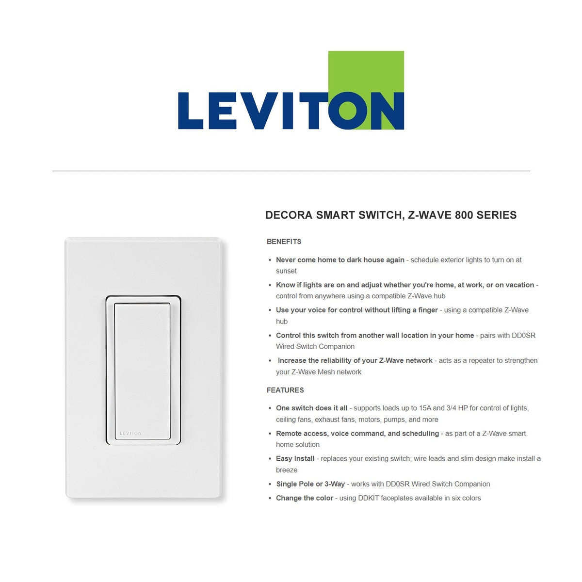 Leviton Decora Smart Z-Wave Plus v3 Smart Switch, 800 Series