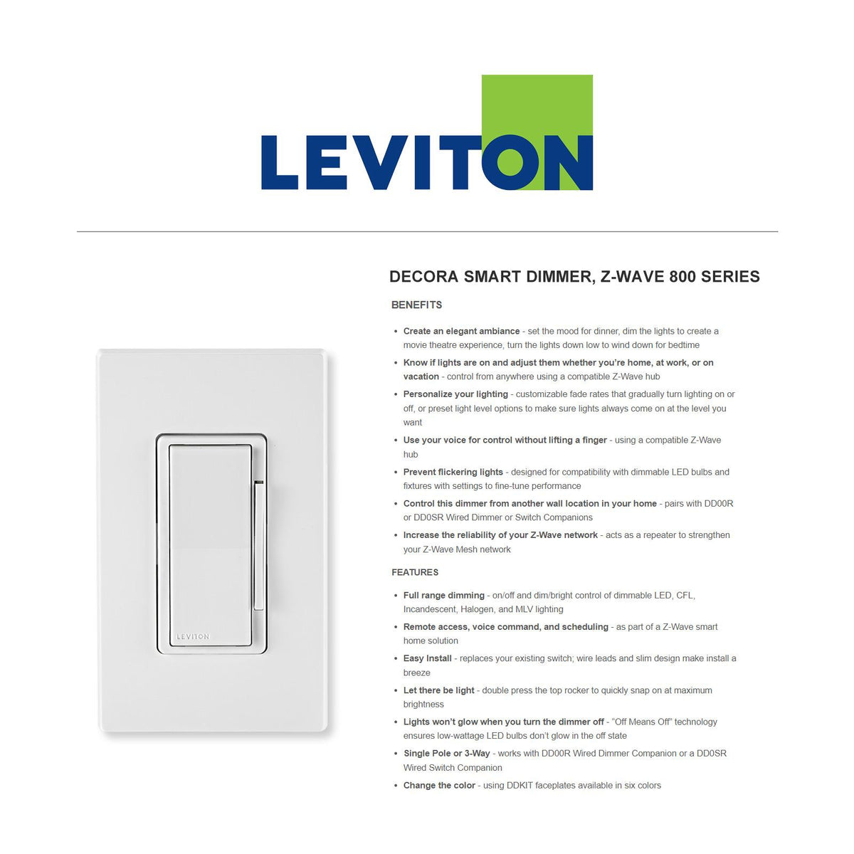 Leviton Decora Z-Wave 800 Series Smart Dimmer