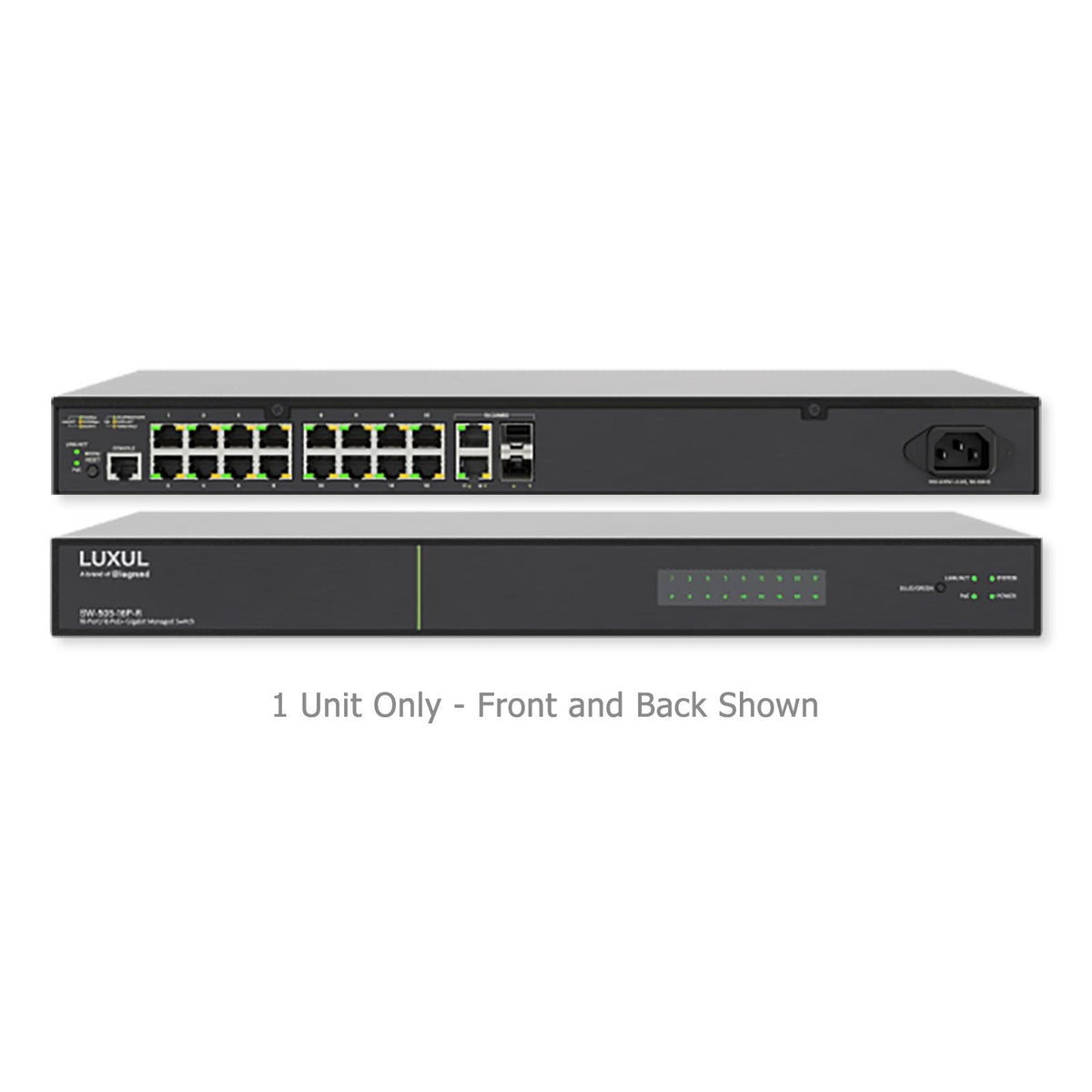 Luxul 18 Port/16 PoE+ Gigabit Managed Switch, Rear Facing