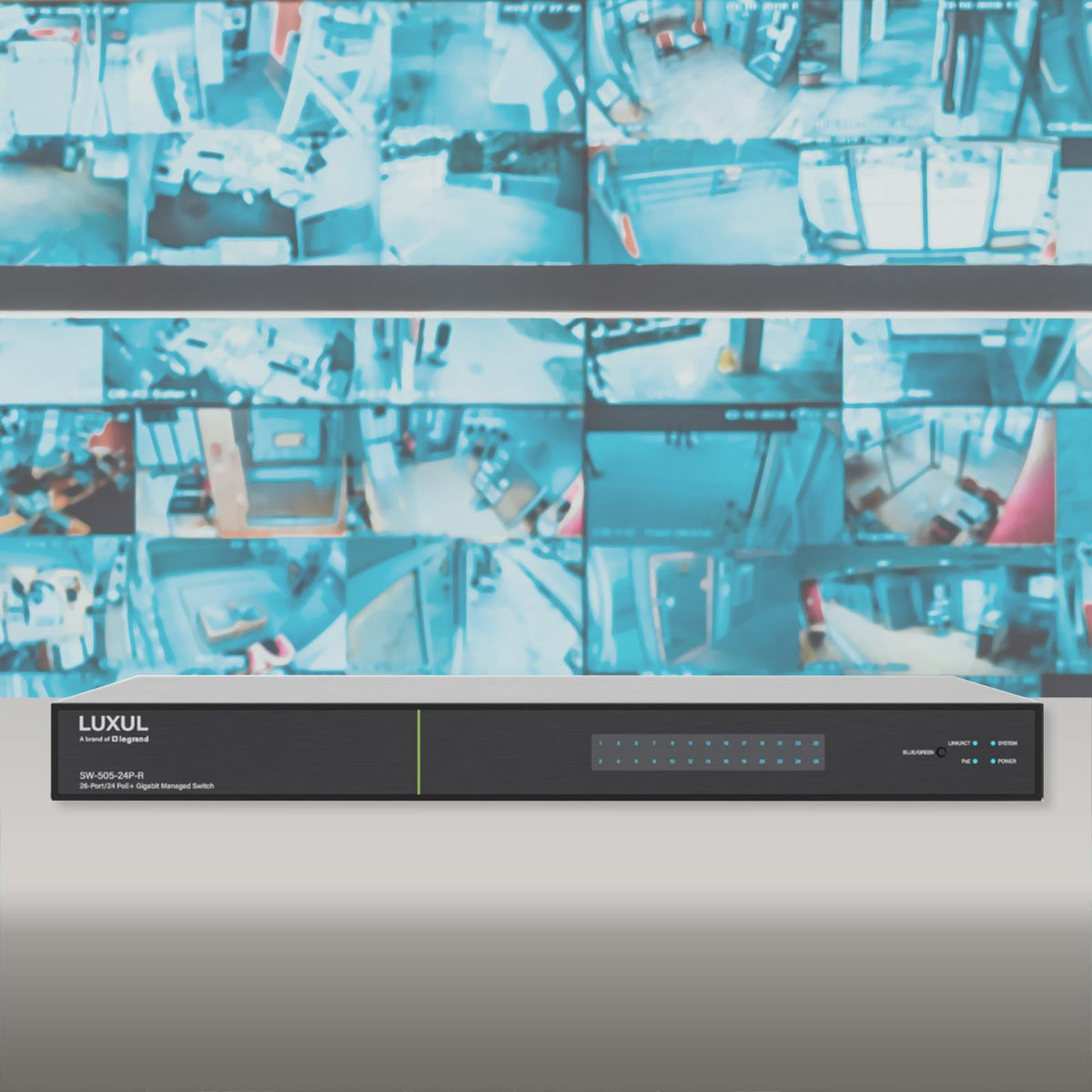 Luxul 26 Port/24 PoE+ Gigabit Managed Switch, Rear Facing