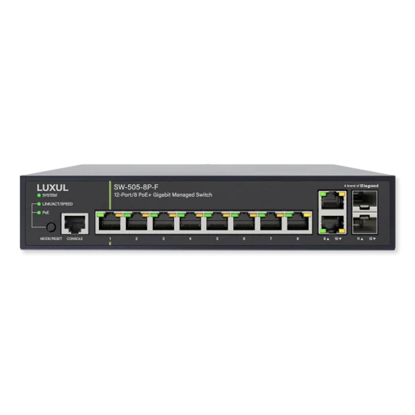 Luxul 12 Port/8 PoE+ Gigabit Managed Switch, Front Facing