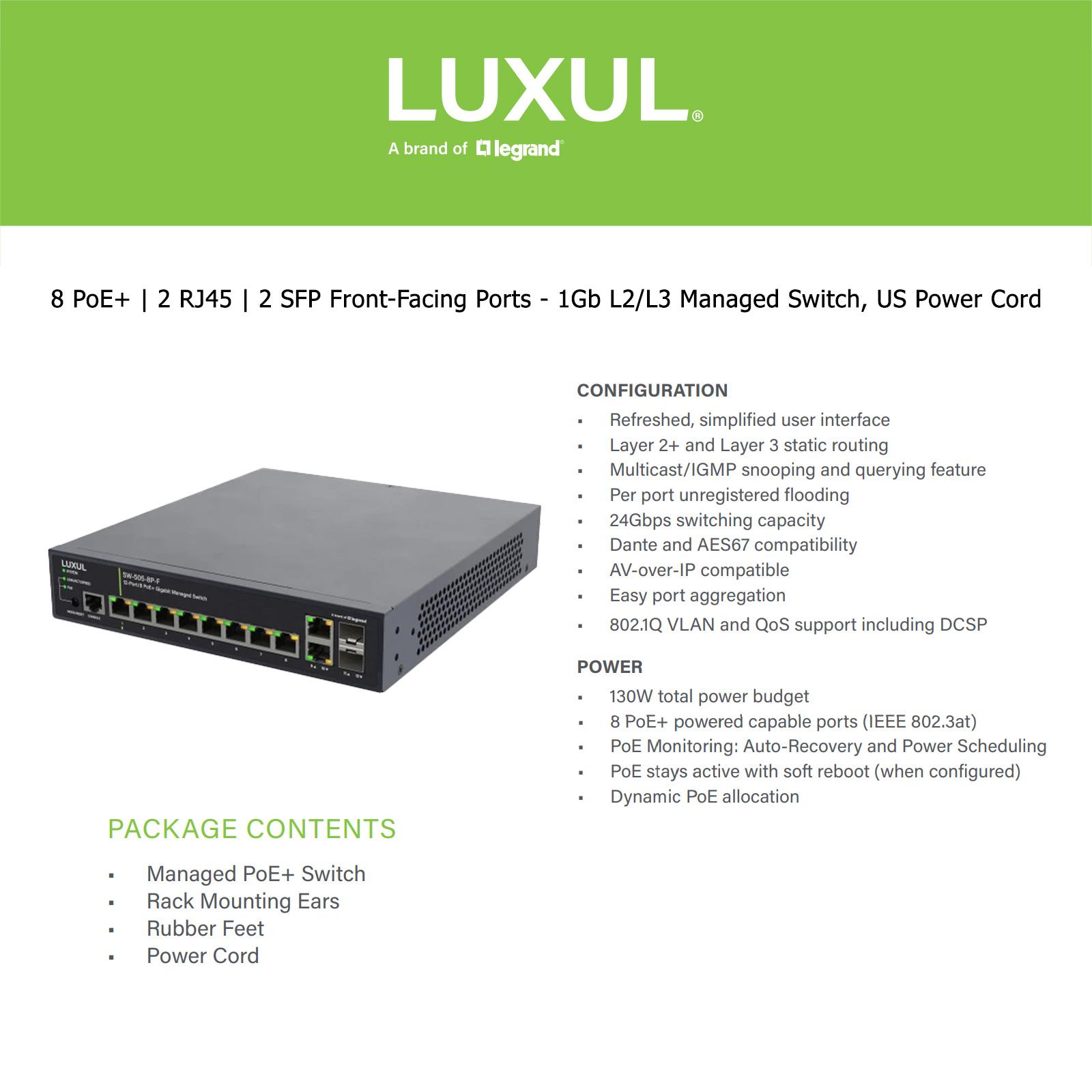8 PoE+ | 2 RJ45 | 2 SFP Front-Facing Ports - 1Gb L2/L3 Managed Switch, US Power Cord