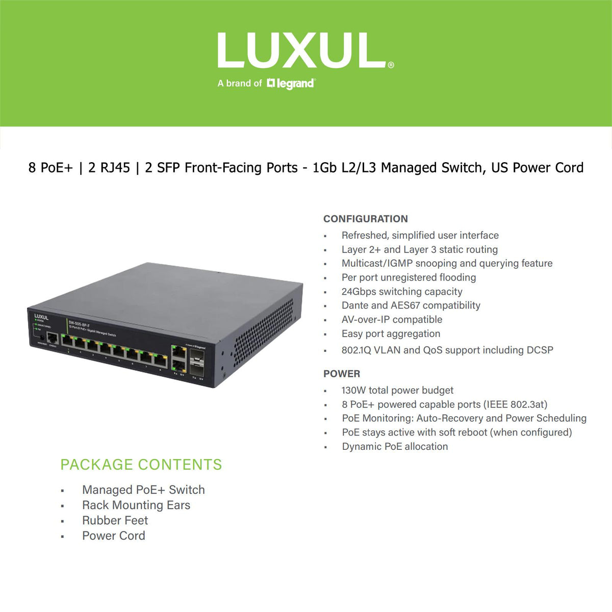 Luxul 12 Port/8 PoE+ Gigabit Managed Switch, Front Facing