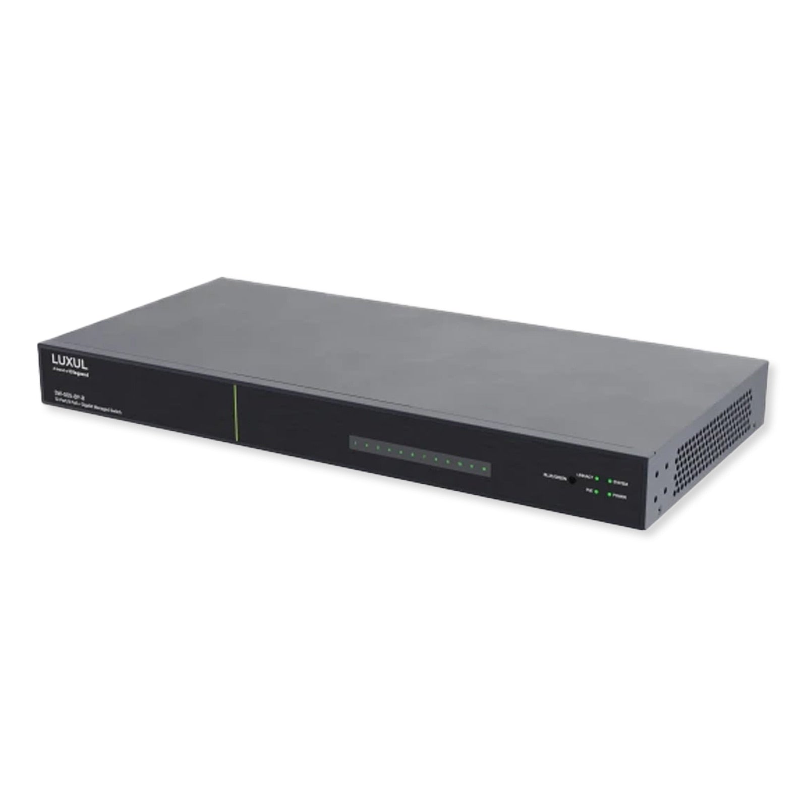Luxul 12 Port/8 PoE+ Gigabit Managed Switch, Rear Facing