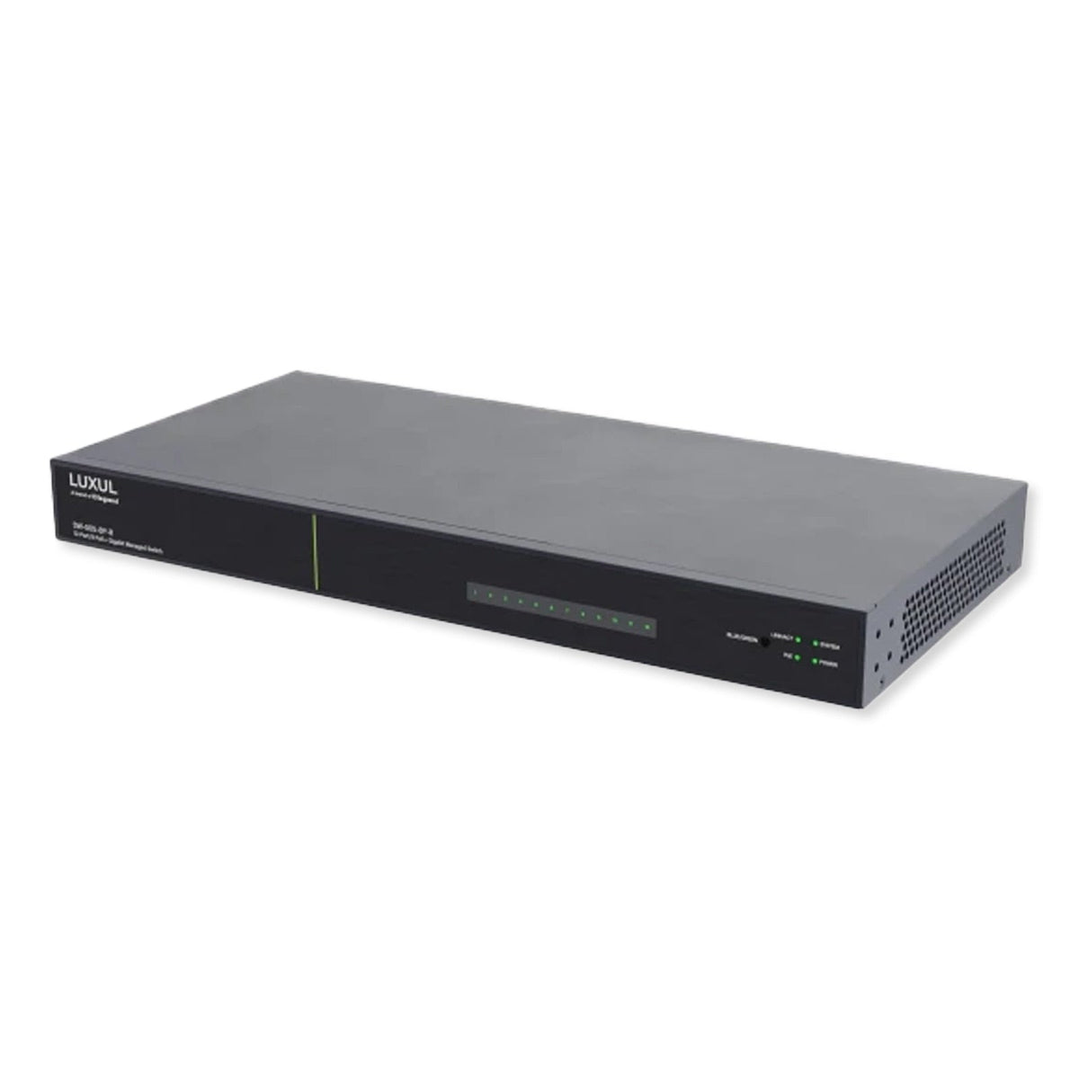 Luxul 12 Port/8 PoE+ Gigabit Managed Switch, Rear Facing