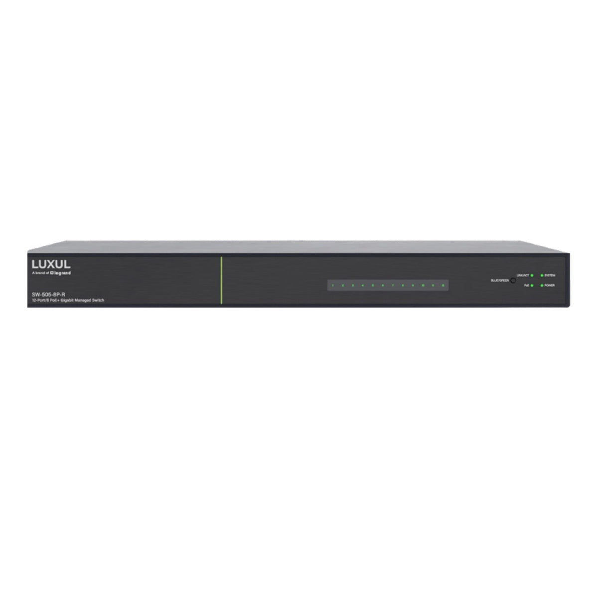 Luxul 12 Port/8 PoE+ Gigabit Managed Switch, Rear Facing