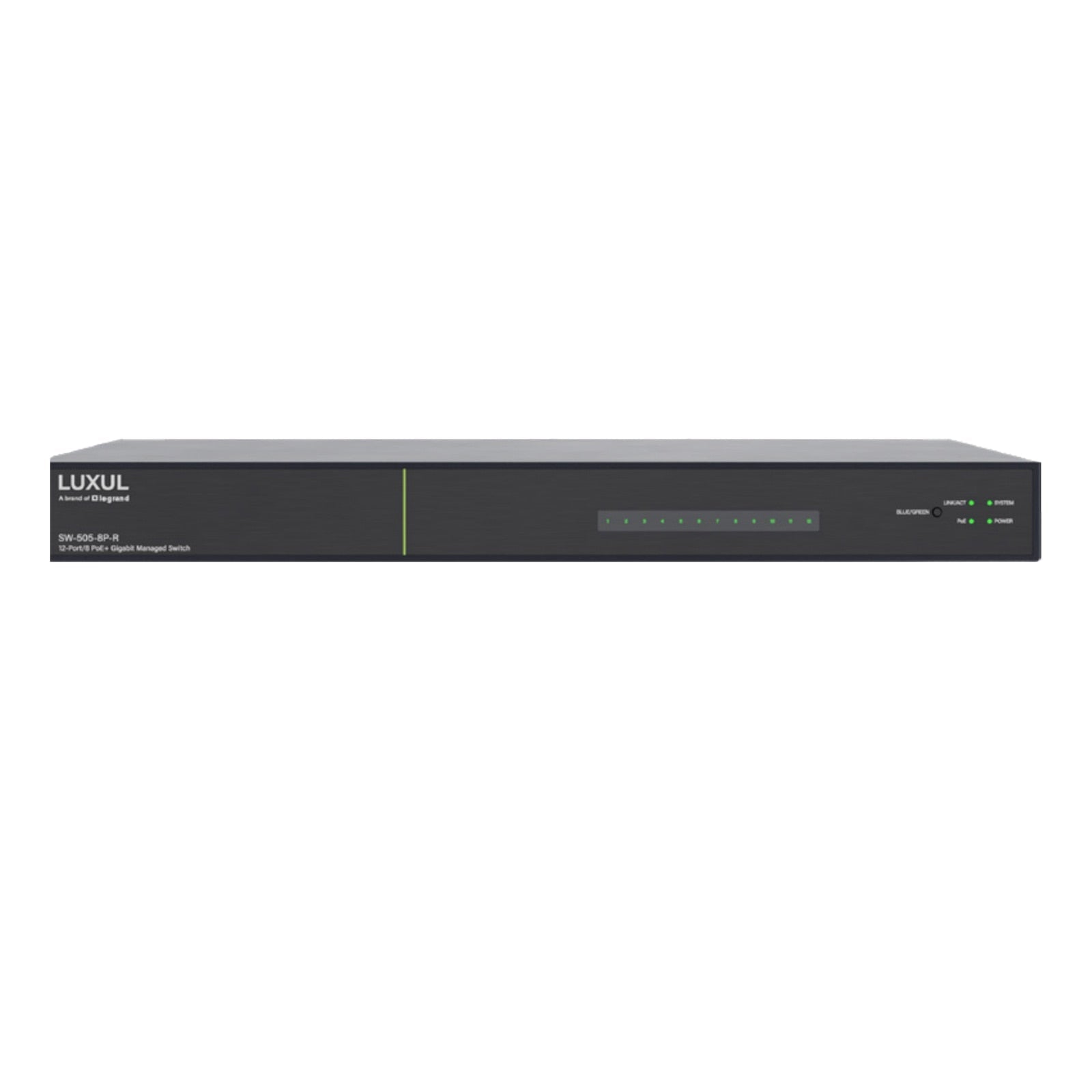 Luxul 12 Port/8 PoE+ Gigabit Managed Switch, Rear Facing