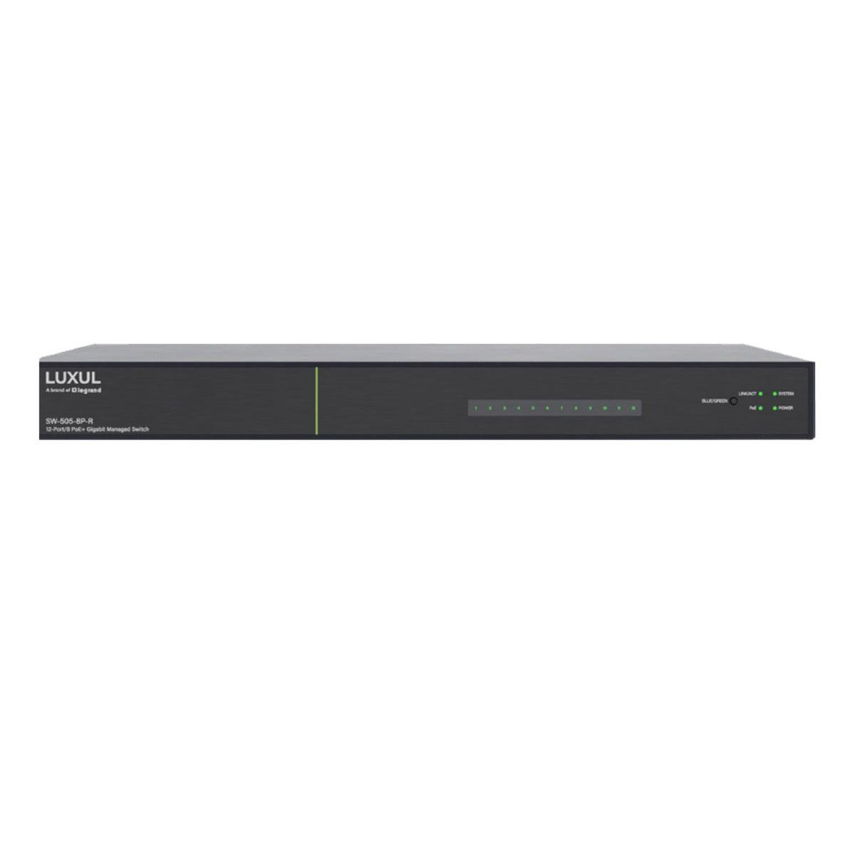 Luxul 12 Port/8 PoE+ Gigabit Managed Switch, Rear Facing