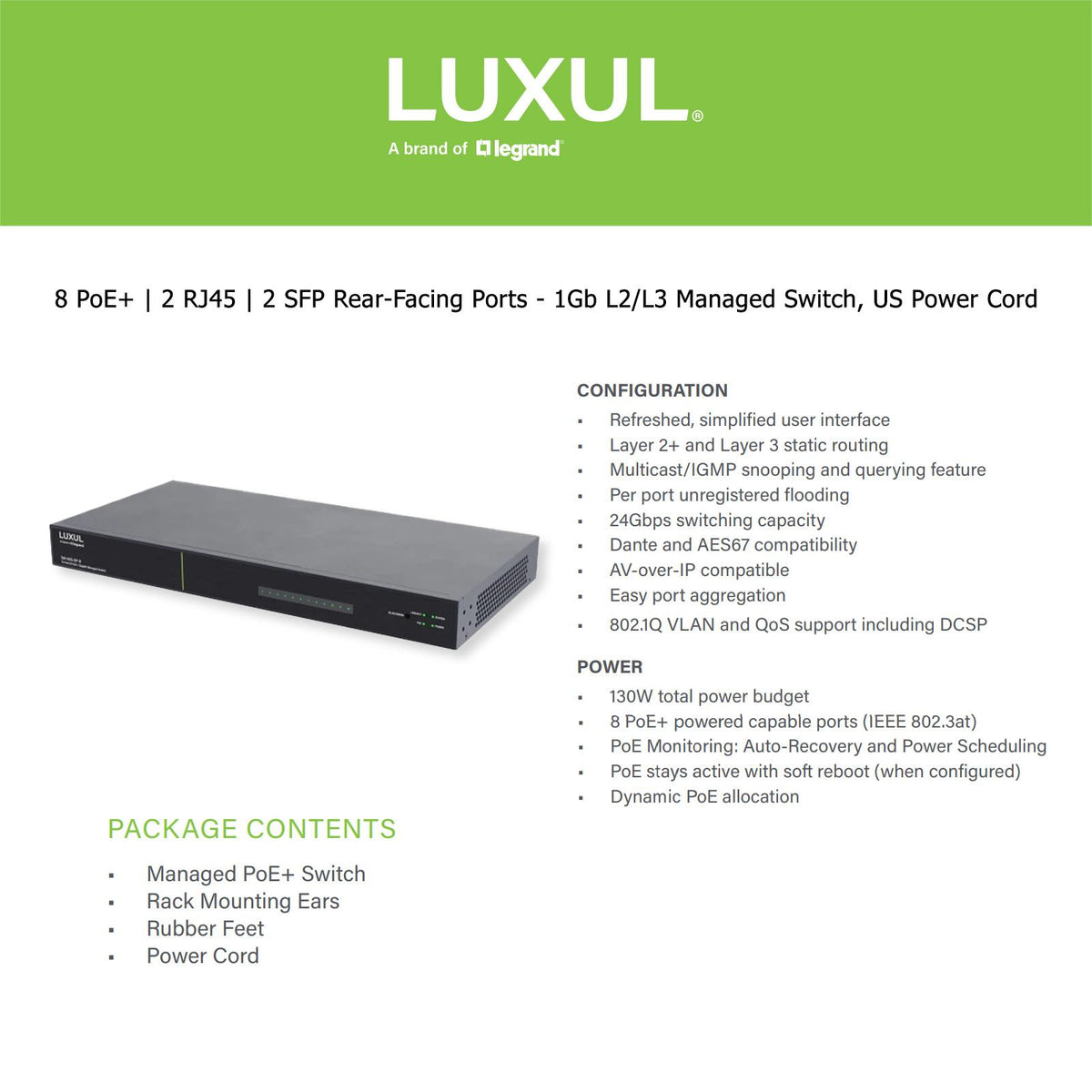 Luxul 12 Port/8 PoE+ Gigabit Managed Switch, Rear Facing