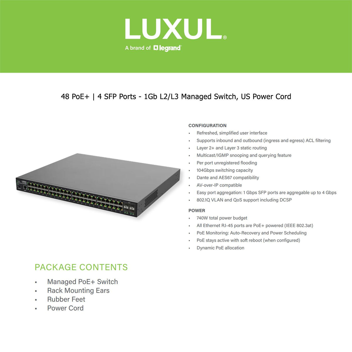 Luxul 48 PoE+/4 SFP Gigabit Managed Switch, Front Facing