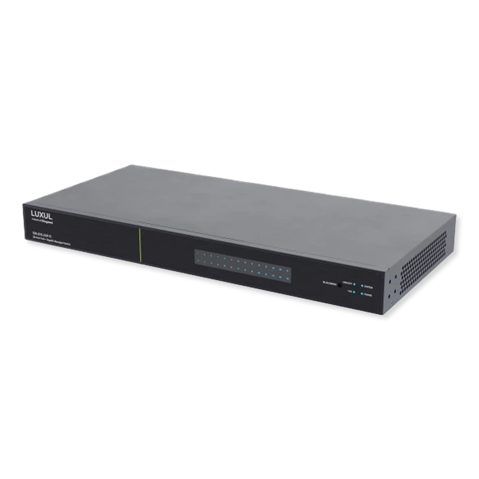 Luxul 28 Port PoE+/SFP+ Gigabit Managed Switch, Rear Facing