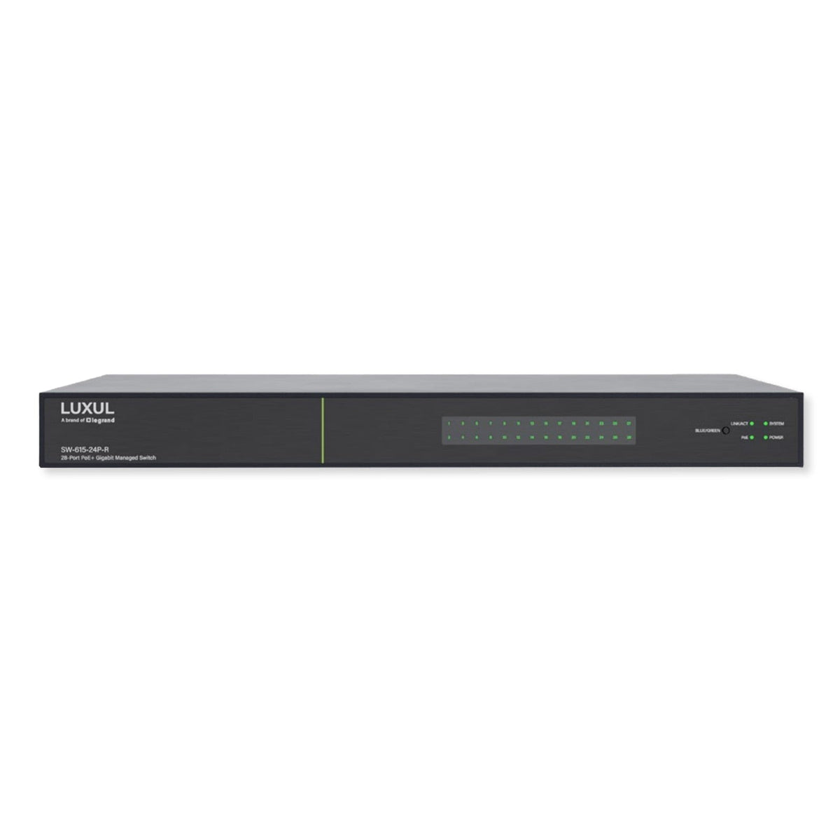 Luxul 28 Port PoE+/SFP+ Gigabit Managed Switch, Rear Facing
