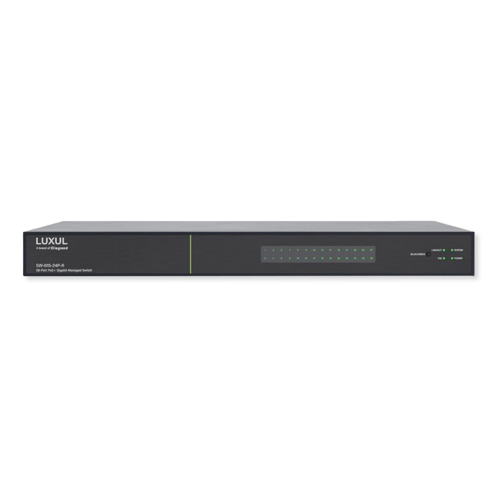 Luxul 28 Port PoE+/SFP+ Gigabit Managed Switch, Rear Facing