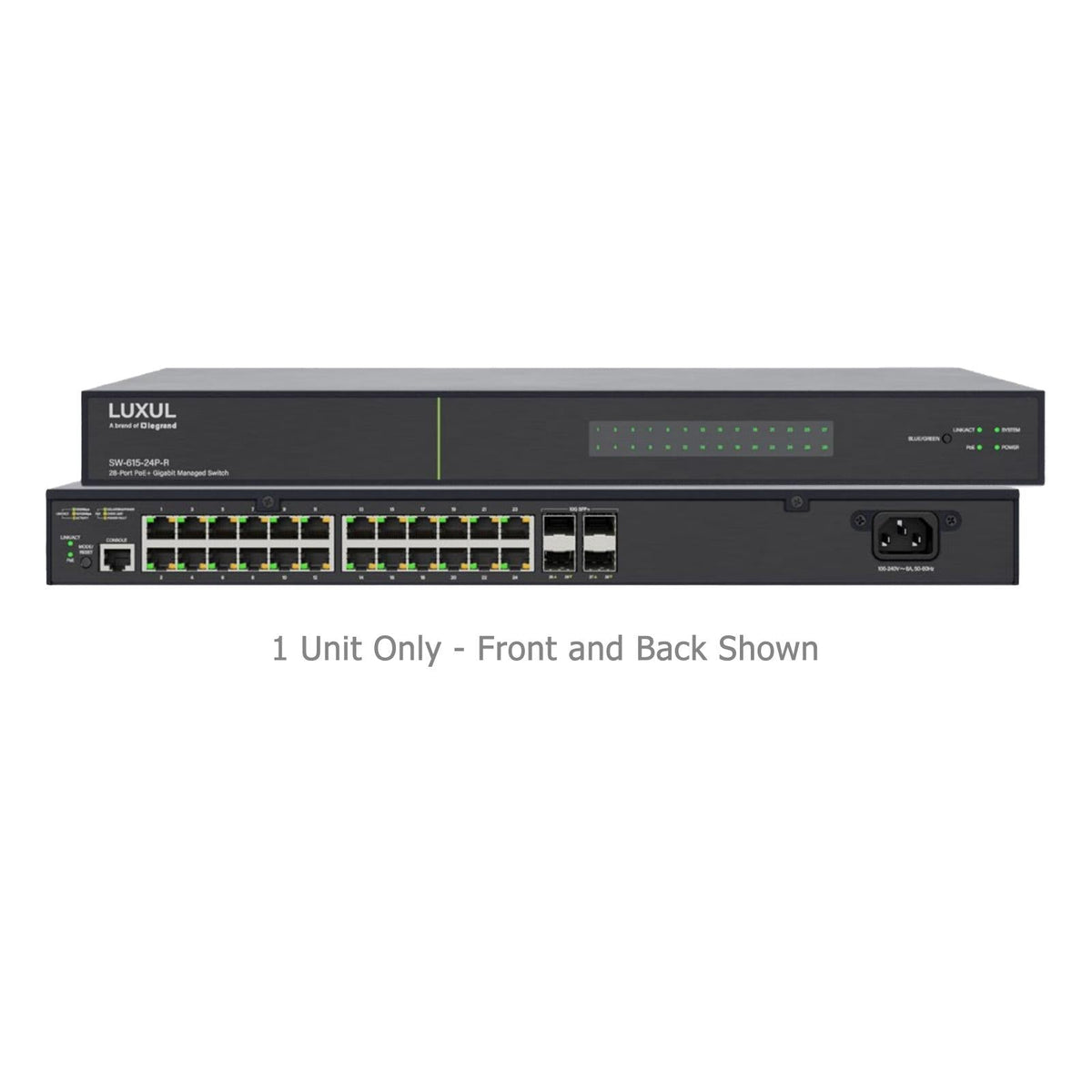 Luxul 28 Port PoE+/SFP+ Gigabit Managed Switch, Rear Facing