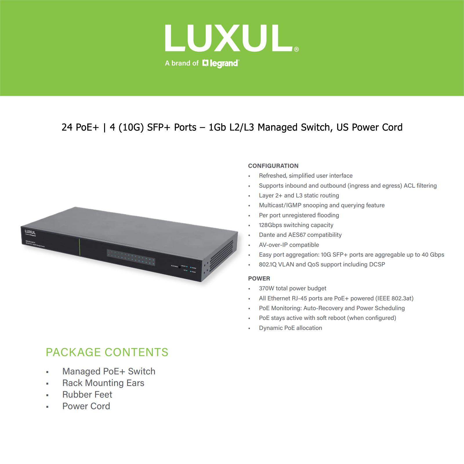24 PoE+ | 4 (10G) SFP+ Ports Ã¢â‚¬â€œ 1Gb L2/L3 Managed Switch, US Power Cord