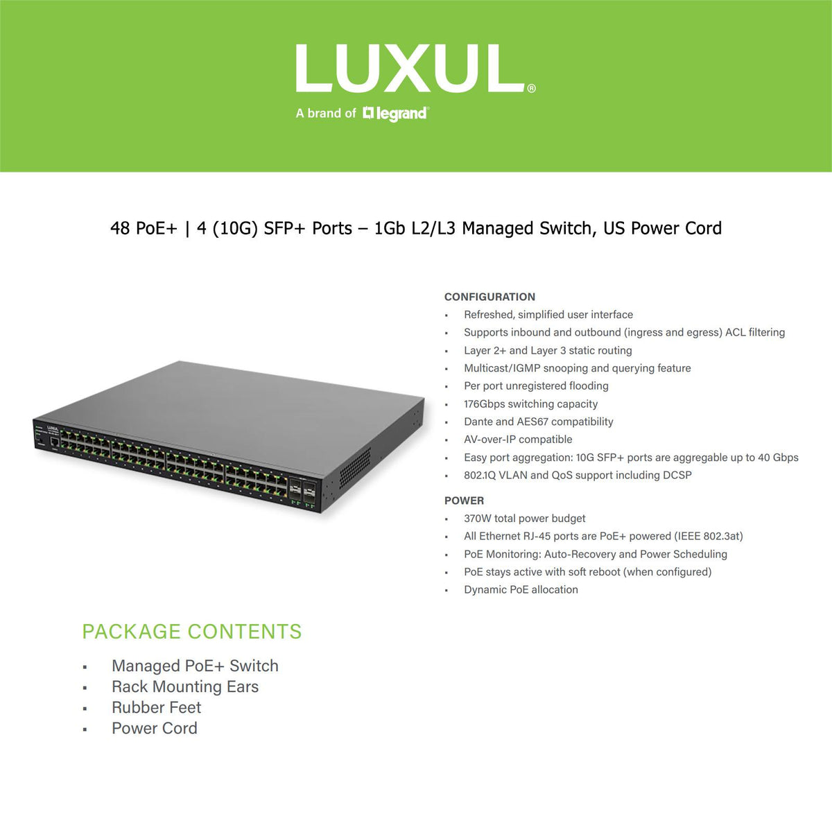 Luxul 48 Port PoE+/SFP+ Gigabit Managed Switch, Front Facing