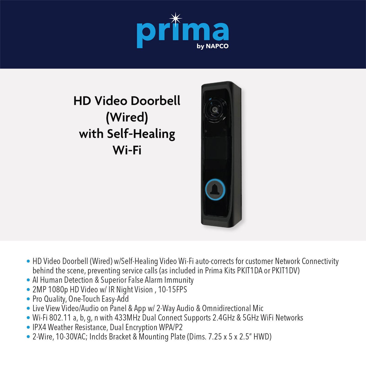 Napco Prima Self-Healing Wired HD Video Doorbell with Wi-Fi