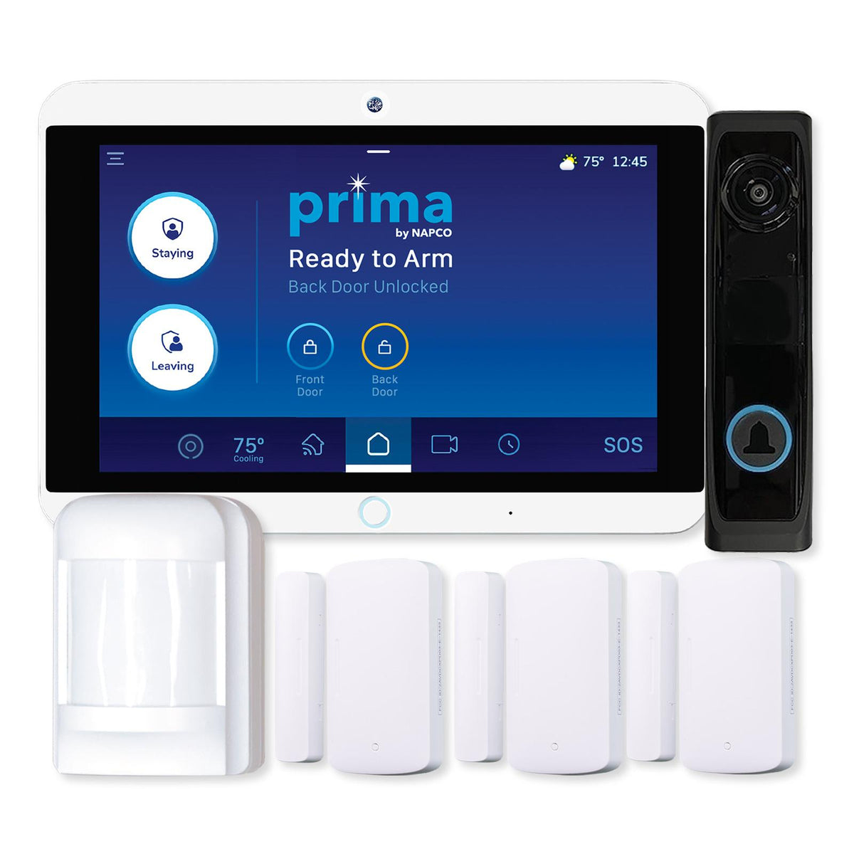 Napco Prima System with 3 Door/Window Transmitters, Motion Sensor &amp; HD Video Doorbell, Verizon Network