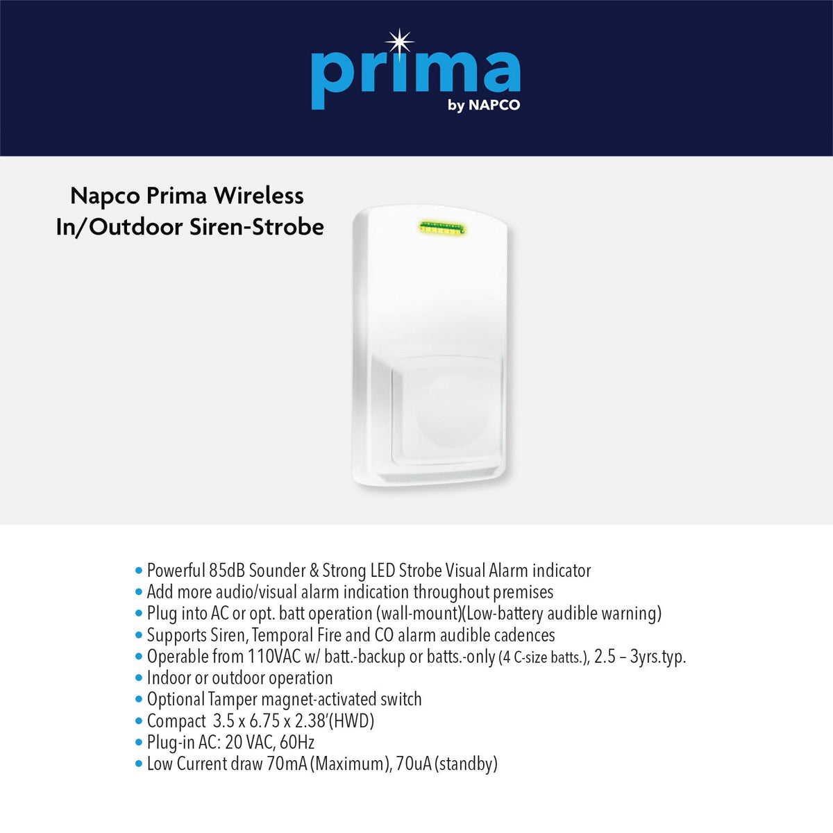 Napco Prima Plug-in Indoor/Outdoor 85db Siren/Strobe (w/backup batts.)