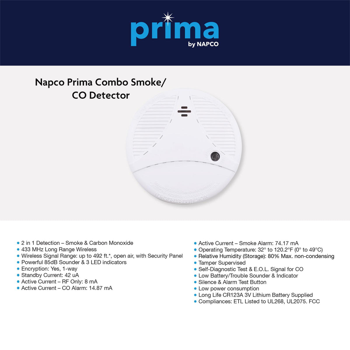 Napco Prima Combo Smoke/CO Detector, 433 MHz