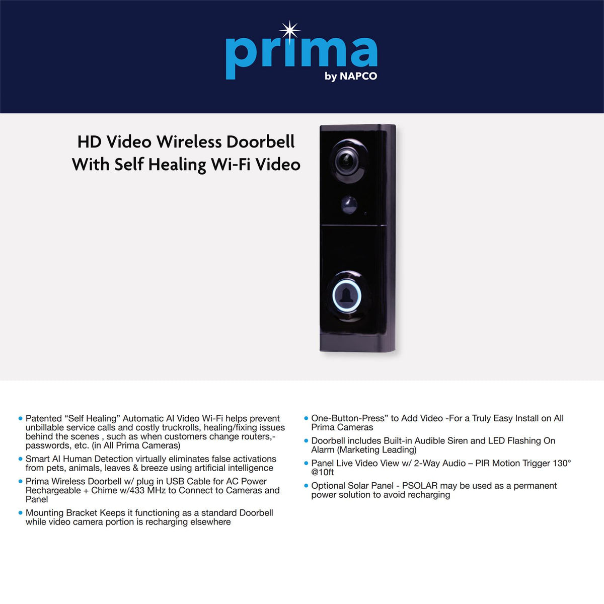 Napco Prima Self-Healing Wireless HD Video Doorbell with Wi-Fi