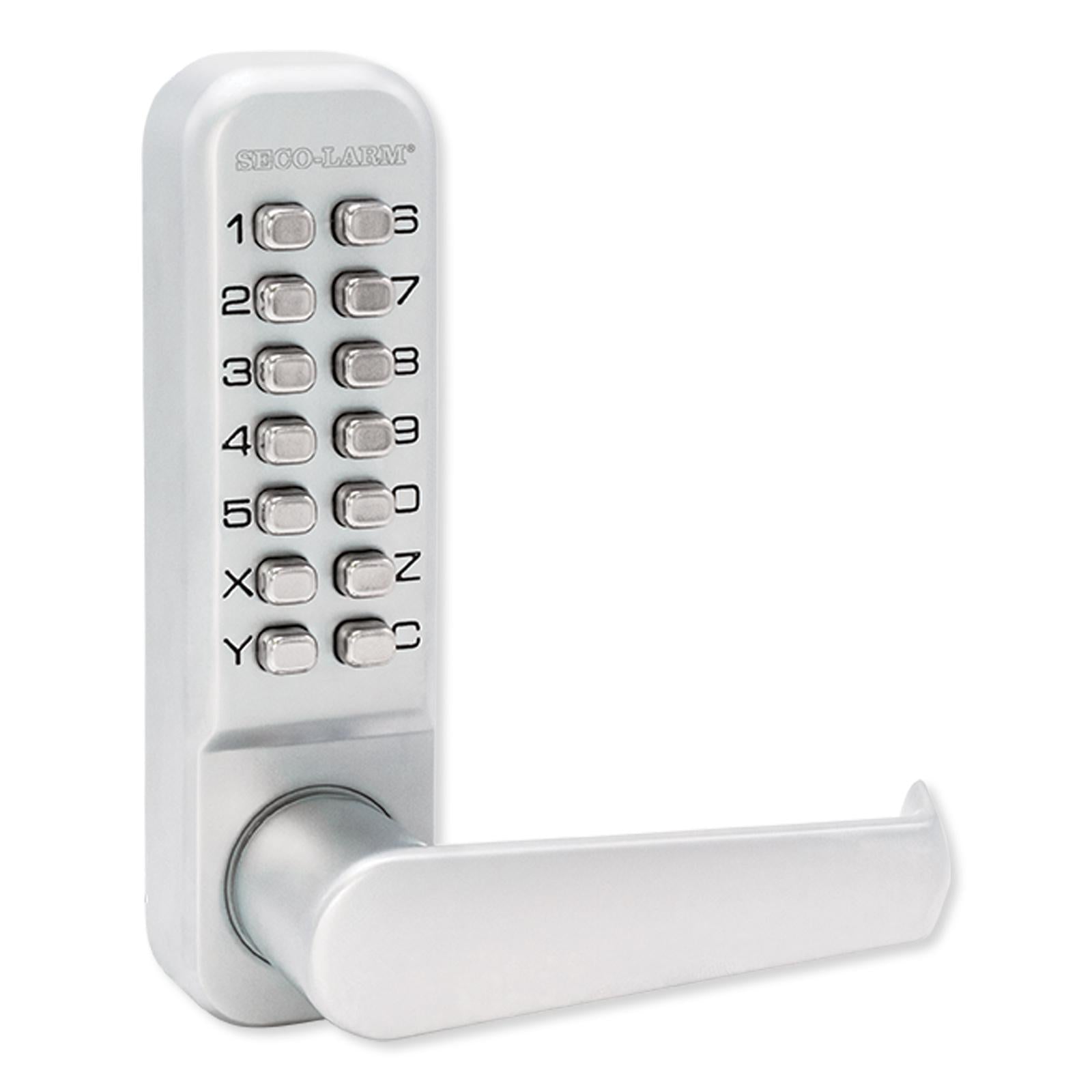 Seco-Larm Mechanical Keypad Door Lock.  Fully mechanical (no power required), non-handed operation, free exit from secured side, US26D finish.