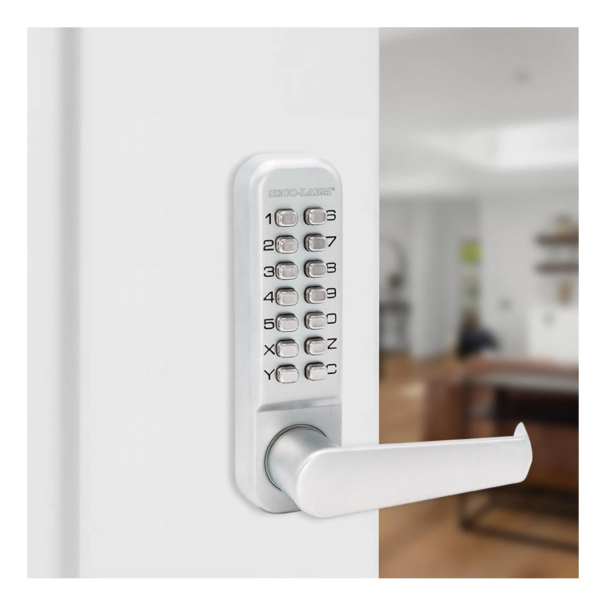 Seco-Larm Mechanical Keypad Door Lock.  Fully mechanical (no power required), non-handed operation, free exit from secured side, US26D finish.