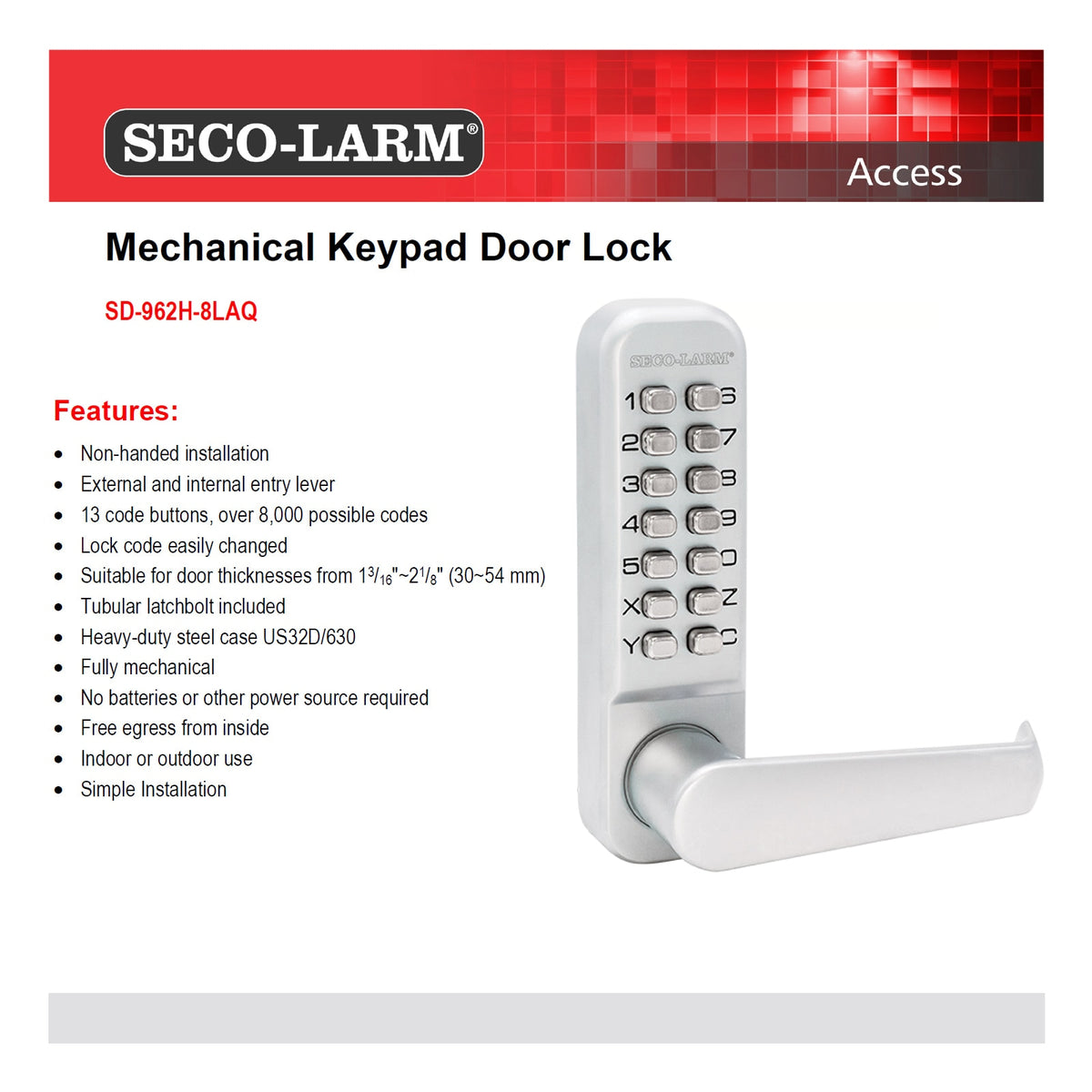 Seco-Larm Mechanical Keypad Door Lock.  Fully mechanical (no power required), non-handed operation, free exit from secured side, US26D finish.